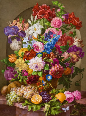 Prächtiges Blumen- und Früchtestillleben