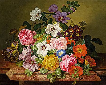 Stillleben mit Rosen, Malven, Primel und Tulpe