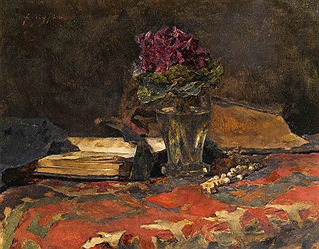 Stillleben mit Veilchen und Büchern