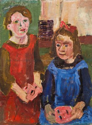 Zwei Mädchen mit Maske, um 1922 by Hilde Goldschmidt - Auction record, sale price, and art valuation. Compare with similar artists and explore comparable artworks.