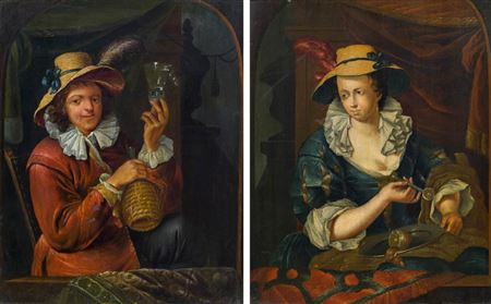 Pendants - „Herr mit Weinglas und Korbflasche" und „Dame eine Zitrone schälend"