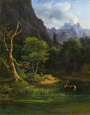 Gebirgsfluss beim Dachstein mit Hirsch, 1848