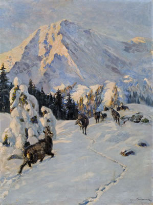 Gämsen in winterlicher Gebirgslandschaft by Carl Ritter von Dombrowski - Auction record, sale price, and art valuation. Compare with similar artists and explore comparable artworks.