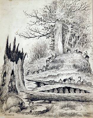 Brownies hiding in hollow tree by Palmer Cox - Auction record, sale price, and art valuation. Compare with similar artists and explore comparable artworks.