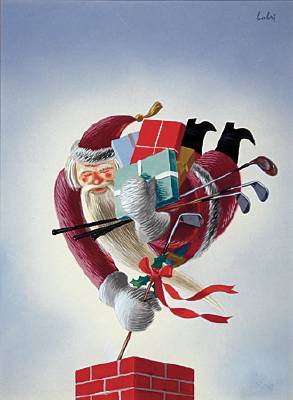 Santa delivering golf clubs