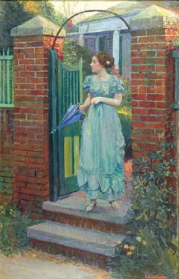 Woman at gate about to raise parasol