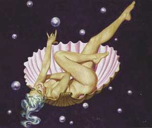 Nude in shell floating through bubble