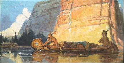 Two Indians paddling canoe