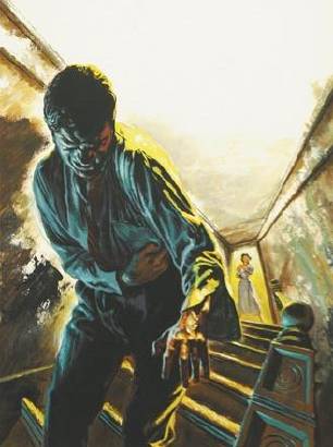 Paperback book cover: Wounded man lurching down staircase, woman at door