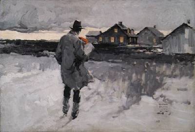 Story illustration: Man with parcel approaching isolated houses