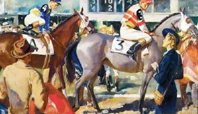 Story illustration: Woman speaking to jockey amount -- Kentucky Derby
