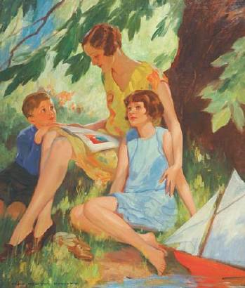 Illustration: Mother reading to children at pond's edge