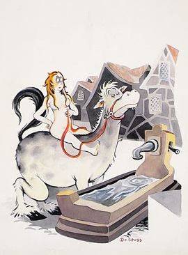 Book illustration: Nude riding horse to water, but he won't drink