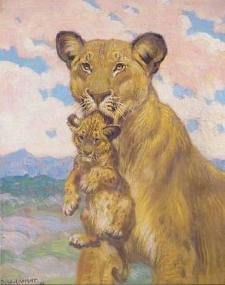 Painting: Mother lion carrying cub by Charles Robert Knight - Auction record, sale price, and art valuation. Compare with similar artists and explore comparable artworks.
