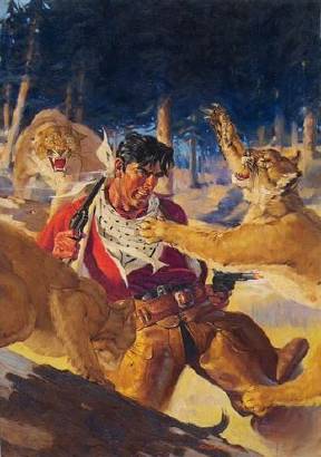 Pulp magazine cover: Pete Rice battling cougars