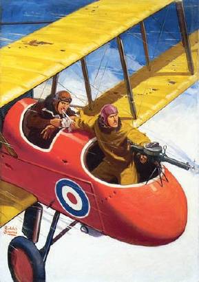 Pulp magazine cover: Pilot tying bandage on arm of wounded machine gunner