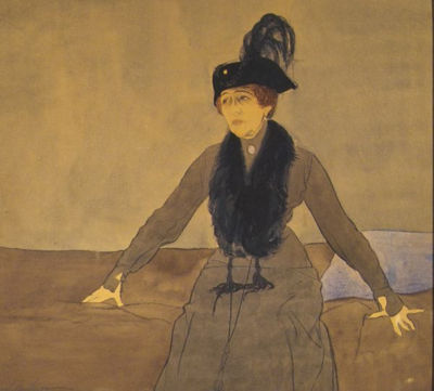 Seated woman in hat and boa