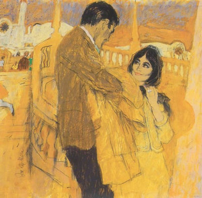 Conversing couple at railing