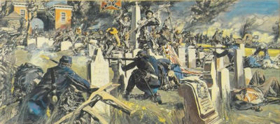 Raging battle in cemetary