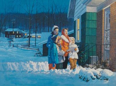 Carolers on front steps of suburban house
