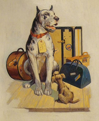Two dogs on railroad platform