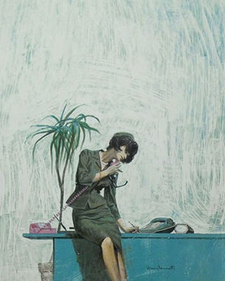 Young woman seated on desk, writing notes while on telephone