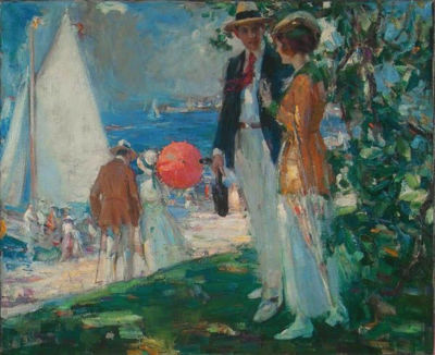 Advertisement: Fashionable couple at lakeside