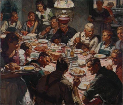 Advertisement: Farm hands being served dinner
