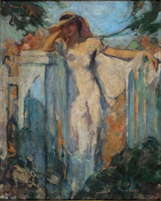 Likely magazine cover: Woman in white leaning on fence