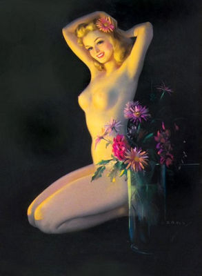 Calendar illustration: Kneeling nude placing flower in her hair