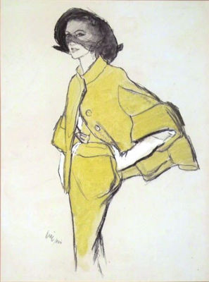 Advertisement: Woman in yellow cape and skirt with veiled black hat