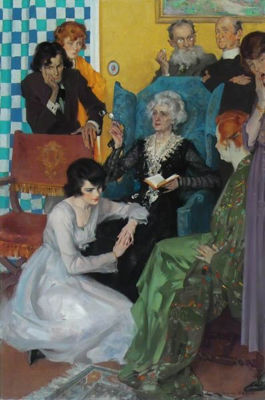 Story illustration: Group of people gathered around seated old woman
