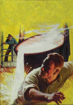 Pulp magazine cover: Hero eludes a dousing with molten steel
