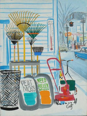 Magazine cover: Gardening implements outside of small town hardware store