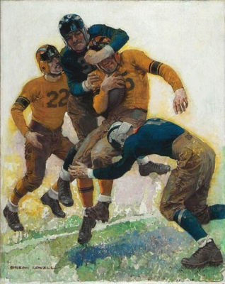 Magazine cover: Football tackle in the open field