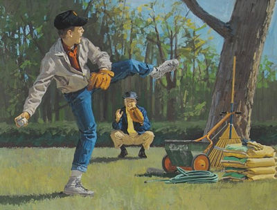 Advertsement or calendar illustration: Taking a break from yard work for pitching practice by Gordon Johnson - Auction record, sale price, and art valuation. Compare with similar artists and explore comparable artworks.