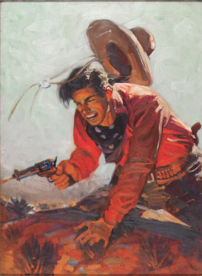 Pulp magazine cover: Cowboy on rocky outcrop returning fire, shot through hat