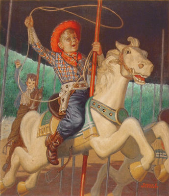 Calendar illustration: Boy riding carousel horse dressed as cowboy