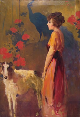 Portrait: Woman standing with wolfhound