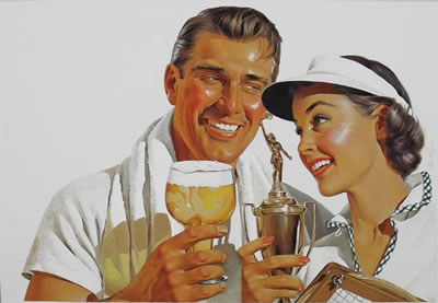 Advertisement: Man and woman celebrating tennis victory with glass of beer