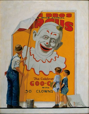 CHILDREN WATCHING MAN PUT UP A CIRCUS POSTER