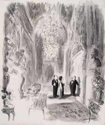 COUPLE IN ELEGANT HOME WITH HOST ABOUT TO OPEN DOOR