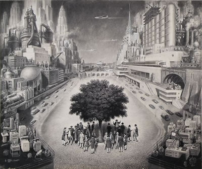 COLONIALS AROUND A TREE SURROUNDED BY INDUSTRIAL PROGRESS