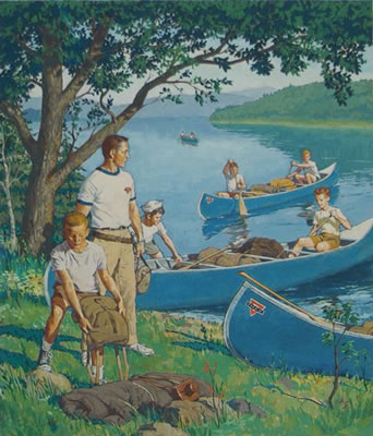 Boys in canoe as councellor looks on