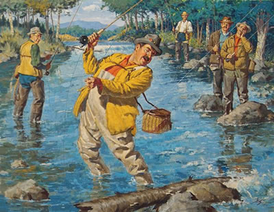 Man hooks his own pants as four other fisherman look on by Alwin Schmidt - Auction record, sale price, and art valuation. Compare with similar artists and explore comparable artworks.