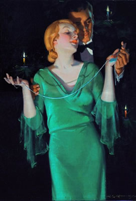 Woman in green receiving necklace for Christmas