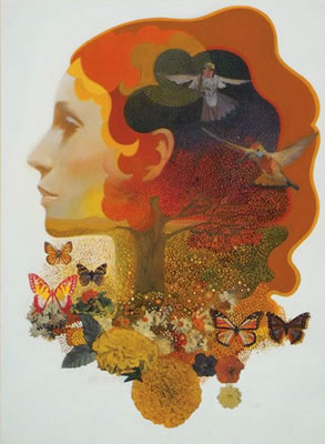 Woman's head surrounded by birds and butterflies