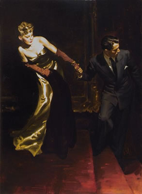 Couple in evening dress climbing stairs