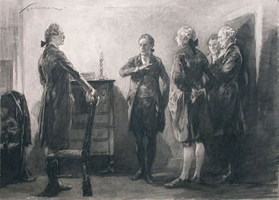 Five colonial men prepare to go to arms