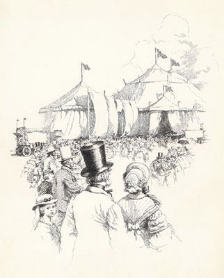 Crowds approaching big tents of the circus